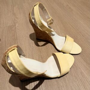 Gucci Cream Patent Leather Sandal Straps with Gold Buckles and Cork Wedge Heel